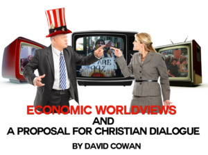 Man in Uncle Sam hat and suit debates woman by TVs; screen displays "Economic Worldviews and Christian Dialogue" text.